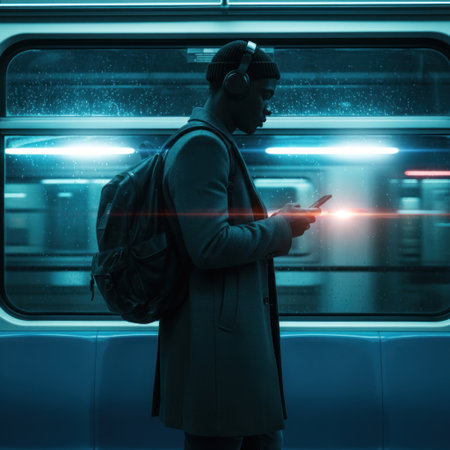 A man wearing headphones in the subway, looking at his phoneの素材