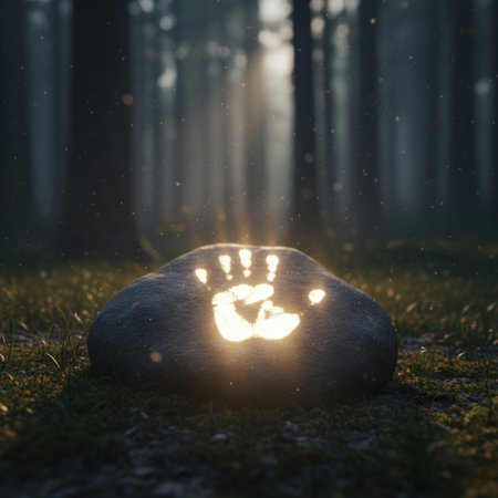 A glowing handprint on a stone in a misty forestの素材