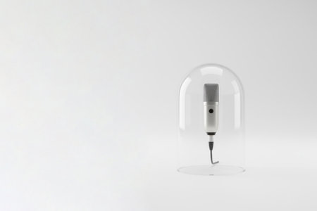Microphone under a glass dome on a light background. Space for textの素材