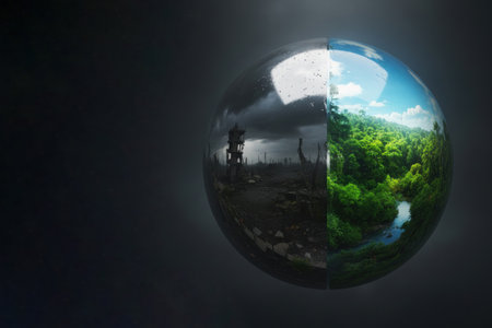 A sphere with the contrast of a destroyed world and a living forest. Space for textの素材
