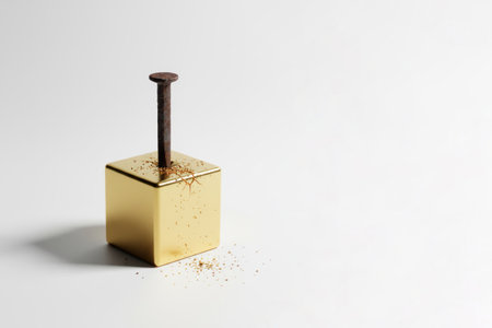 A rusty nail pierces the golden cube, leaving cracks. Space for textの素材