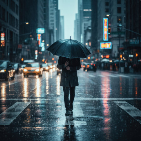 A man with an umbrella is walking in the rain along the street of the cityの素材