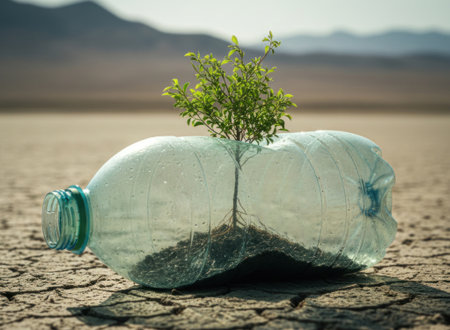 A small tree growing inside a plastic bottle in the desertの素材