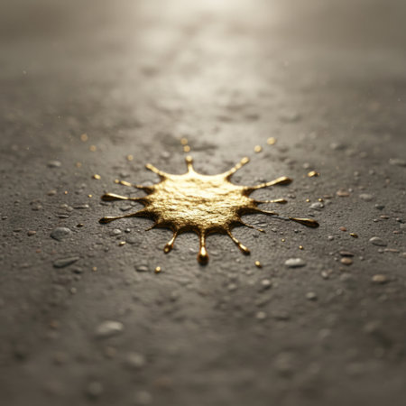 A golden spot of paint on a rough concrete surfaceの素材