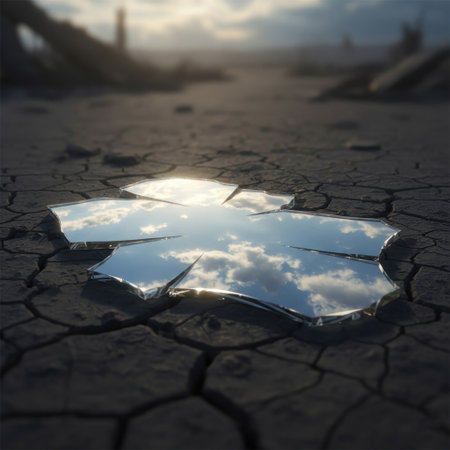 A broken mirror reflecting the sky on the dried-up groundの素材