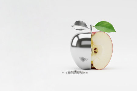Half a metal apple and half a real one with leaves. Space for textの素材
