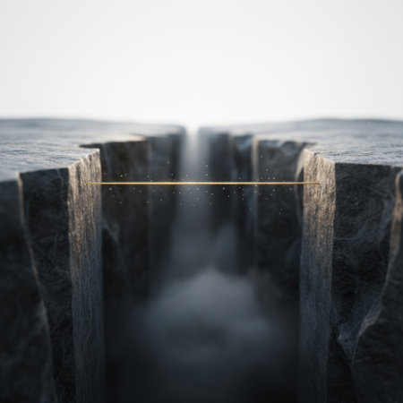 A thin golden thread connecting two rocky cliffs above the abyss. Space for textの素材