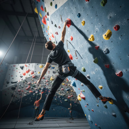 A man is climbing on a training wallの素材