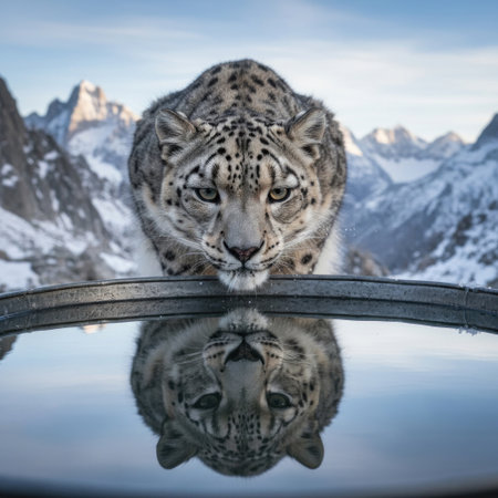 A snow leopard drinking water and reflecting in the mirror of the surfaceの素材