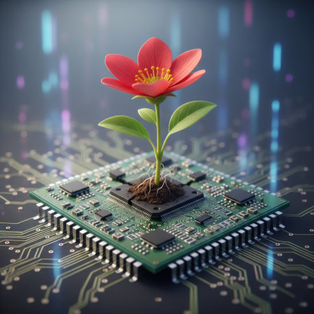 A flower growing from a microchip on an electronic boardの素材
