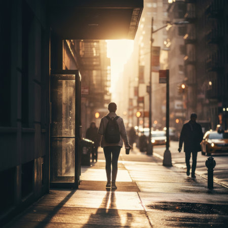 A man walks along a sunny city street in the morningの素材