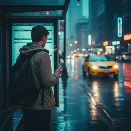 A man is waiting for a bus at a bus stop in the rainの素材
