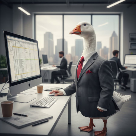 A goose in a business suit works at a computer in the officeの素材