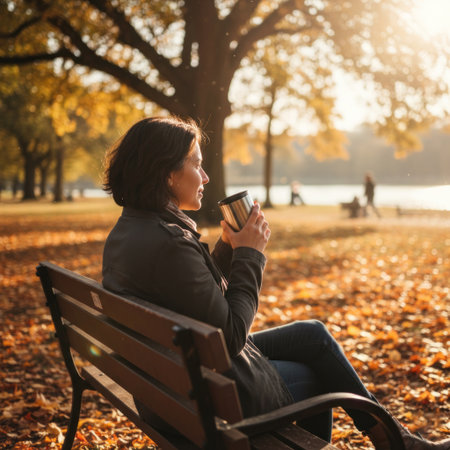 A woman sits on a park bench in autumn with a thermo mugの素材