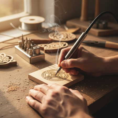 The process of burning a pattern on wood with a hot toolの素材