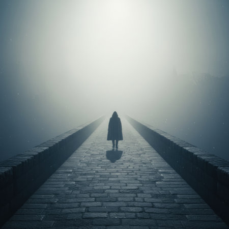 A lonely figure on a foggy bridge in the early morning. Space for textの素材