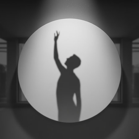 The shadow of a man reaching upward in a round lightの素材