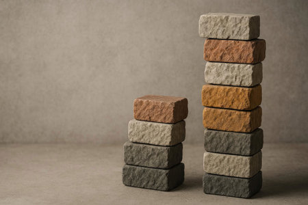 Two stacks of stone blocks of different heights on a gray background. Space for textの素材