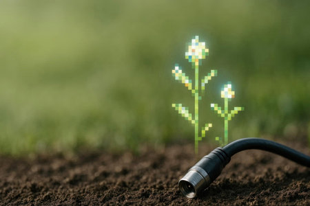 Pixelated digital sprouts growing from a cable in the ground. Space for textの素材