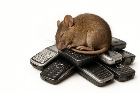 A mouse sleeps on a pile of old phones. Space for textの素材