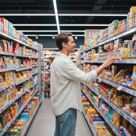 A man chooses goods in a supermarket against a backdrop of bright shelvesの素材