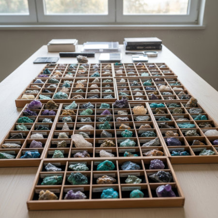 A collection of colorful minerals in wooden cells on the tableの素材