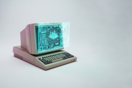 A retro computer with a holographic interface of the future. Space for textの素材