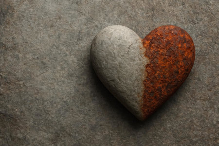 A heart of stone half covered with rust. Space for textの素材