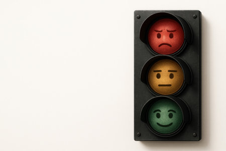 Traffic light with emotions on colored signal lights. Space for textの素材