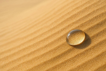 A drop of water on the golden desert sand. Space for textの素材