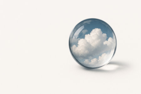 A transparent glass ball with a reflection of the sky and clouds. Space for textの素材