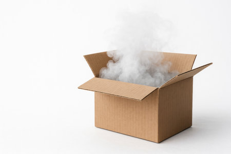 Cardboard box with rising white steam on a light background Space for textの素材