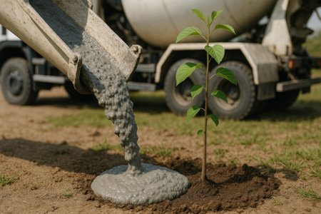 Pouring concrete next to a young seedling at the construction siteの素材
