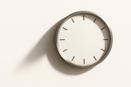 Wall clock with a long shadow on a light background. Space for textの素材