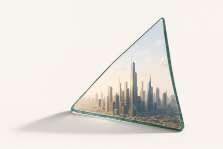 A glass triangle with a reflection of a modern city. Space for textの素材
