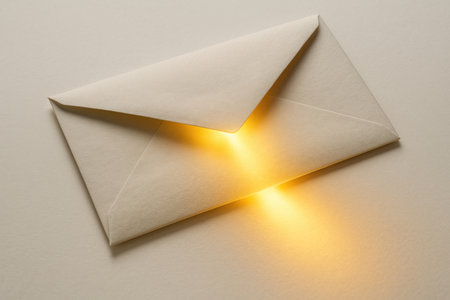 Envelope with golden light from the inside on a beige background. Space for textの素材