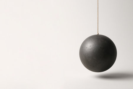A heavy, dark metal ball suspended from a rope. Space for textの素材