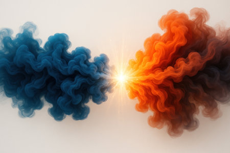 A blue and orange cloud of smoke colliding with a flash of lightの素材