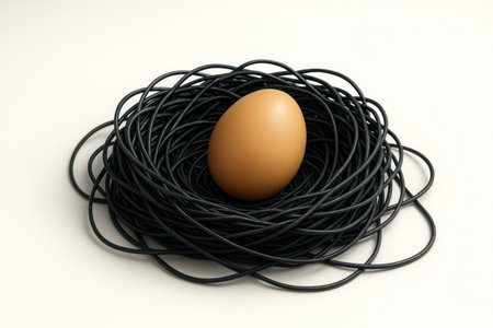 A brown egg in a nest of tangled black wiresの素材