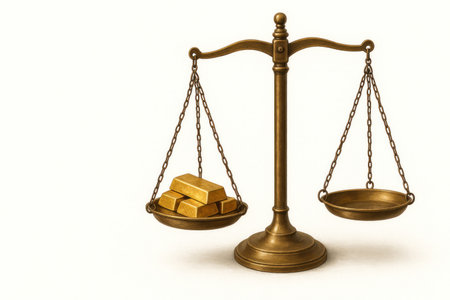 Scales with gold bars on one bowl. Space for textの素材