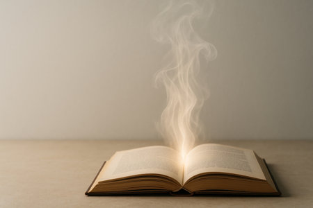 An open book from which glowing smoke rises. Space for textの素材