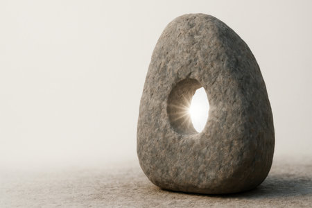 A stone with a round hole and sunlight inside. Space for textの素材