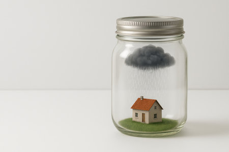 A house under a rain cloud inside a glass jar. Space for textの素材