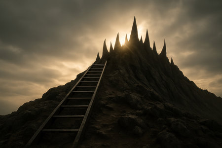 A long staircase leads to the pointed mountain at sunsetの素材