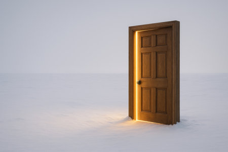 A wooden door in the middle of the winter snow with a warm light inside. Space for textの素材