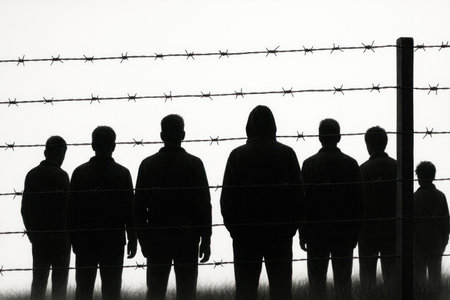 A group of people behind barbed wire in the fogの素材