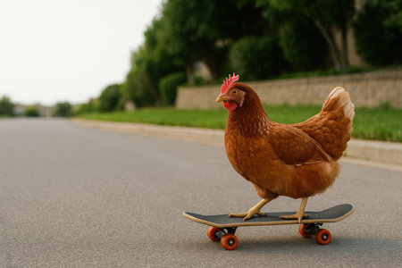 Funny chicken on a skateboard on an empty road. Space for textの素材