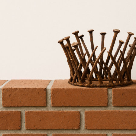 Vintage crown of rusty nails on a brick wall. Space for textの素材