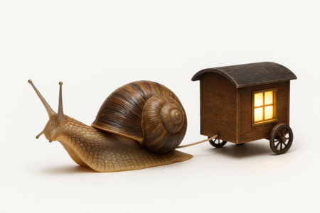 A snail pulls a miniature wooden house on wheelsの素材