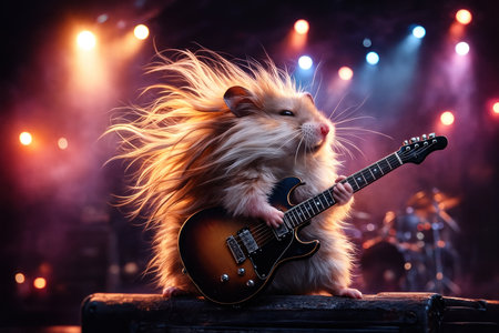 A rock hamster with long hair plays the guitarの素材